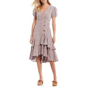 Anthropologie English Factory Pink Short Sleeves V Neck Ruffled Plaid Dress M